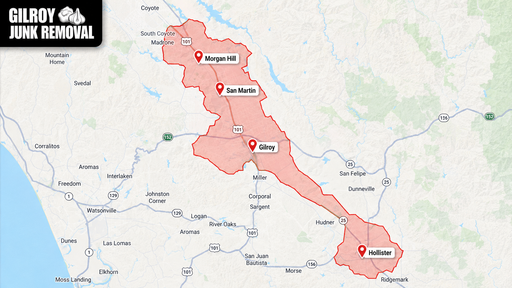 Gilroy Junk Removal service area map across Morgan Hill, San Martin, Gilroy and Hollister